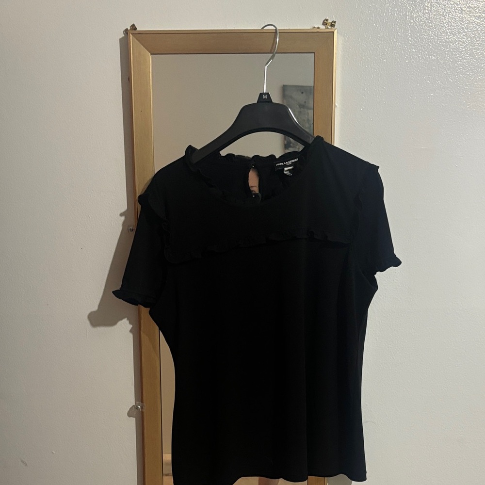Karl Lagerfeld Black Ruffle Yoke Short Sleeve Top